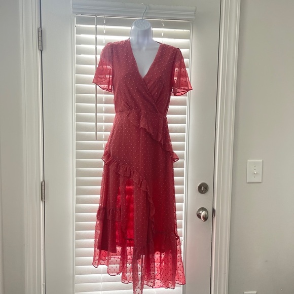 Lulu's Next to You Rusty Rose Swiss Dot Ruffled Midi Dress - Picture 3 of 12